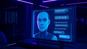 Close-up of a futuristic AI chat interface with an animated AI character in a cyberpunk-inspired setting.