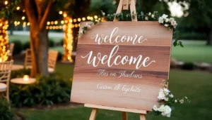 Beautiful wedding welcome sign with personalized text on a rustic wooden base, perfect for outdoor wedding entrances, emphasizing elegance and warmth.