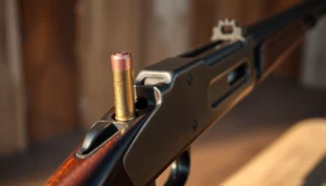 The 32WIN cartridge in a classic Winchester lever-action rifle ready for hunting or collection with detailed metal and wood textures.