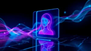 Futuristic AI chat interface with neon hologram and digital patterns in a dark setting.