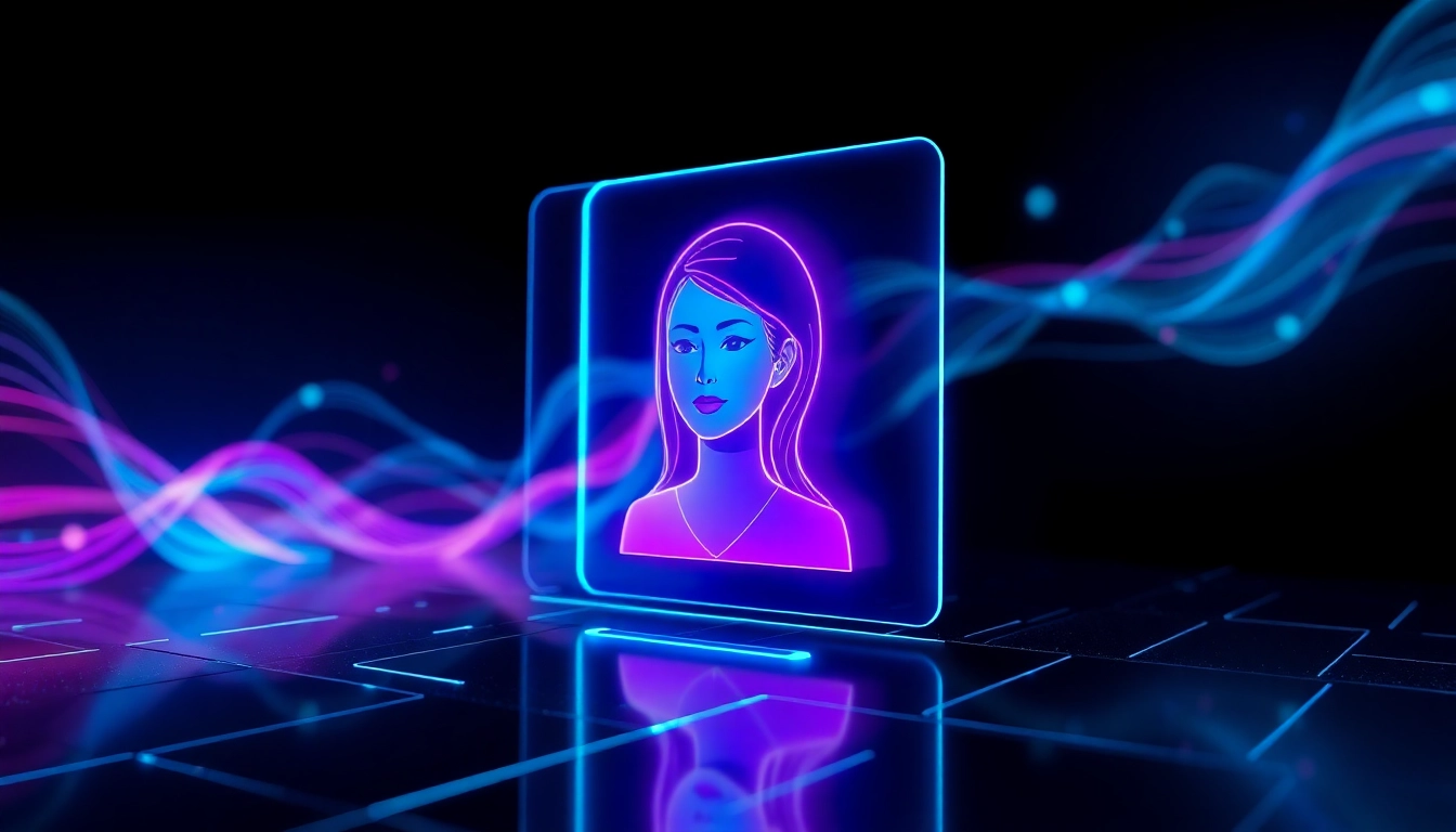 Futuristic AI chat interface with neon hologram and digital patterns in a dark setting.
