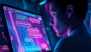 Close-up of a futuristic AI chat interface with colorful, glowing elements in a high-tech environment.