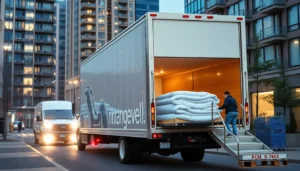 Reliable Calgary movers for hire expertly arranging moving trucks amidst busy city streets, ensuring seamless service and care