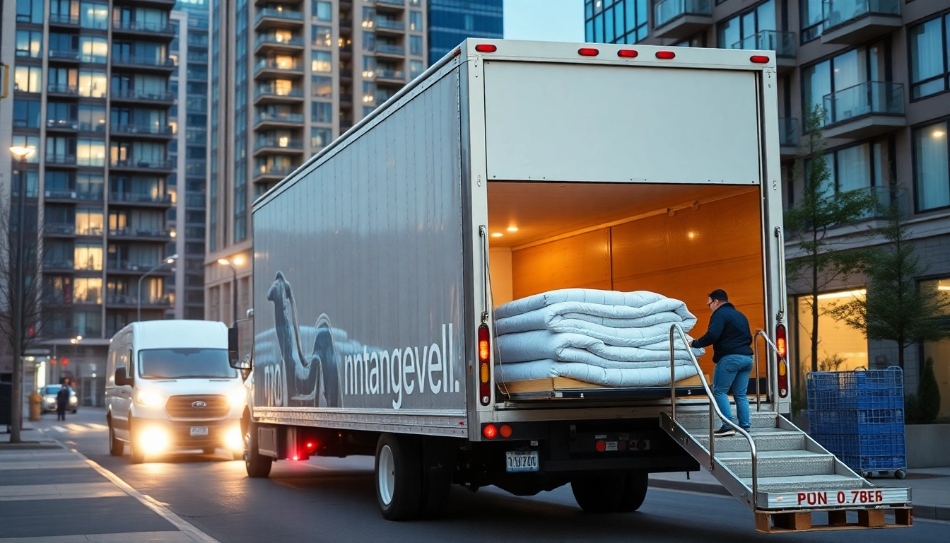 Reliable Calgary movers for hire expertly arranging moving trucks amidst busy city streets, ensuring seamless service and care