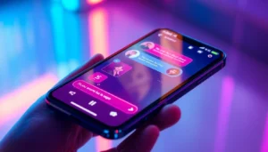 A futuristic smartphone displaying an AI sexting app interface with vibrant neon colors and stylized avatars.