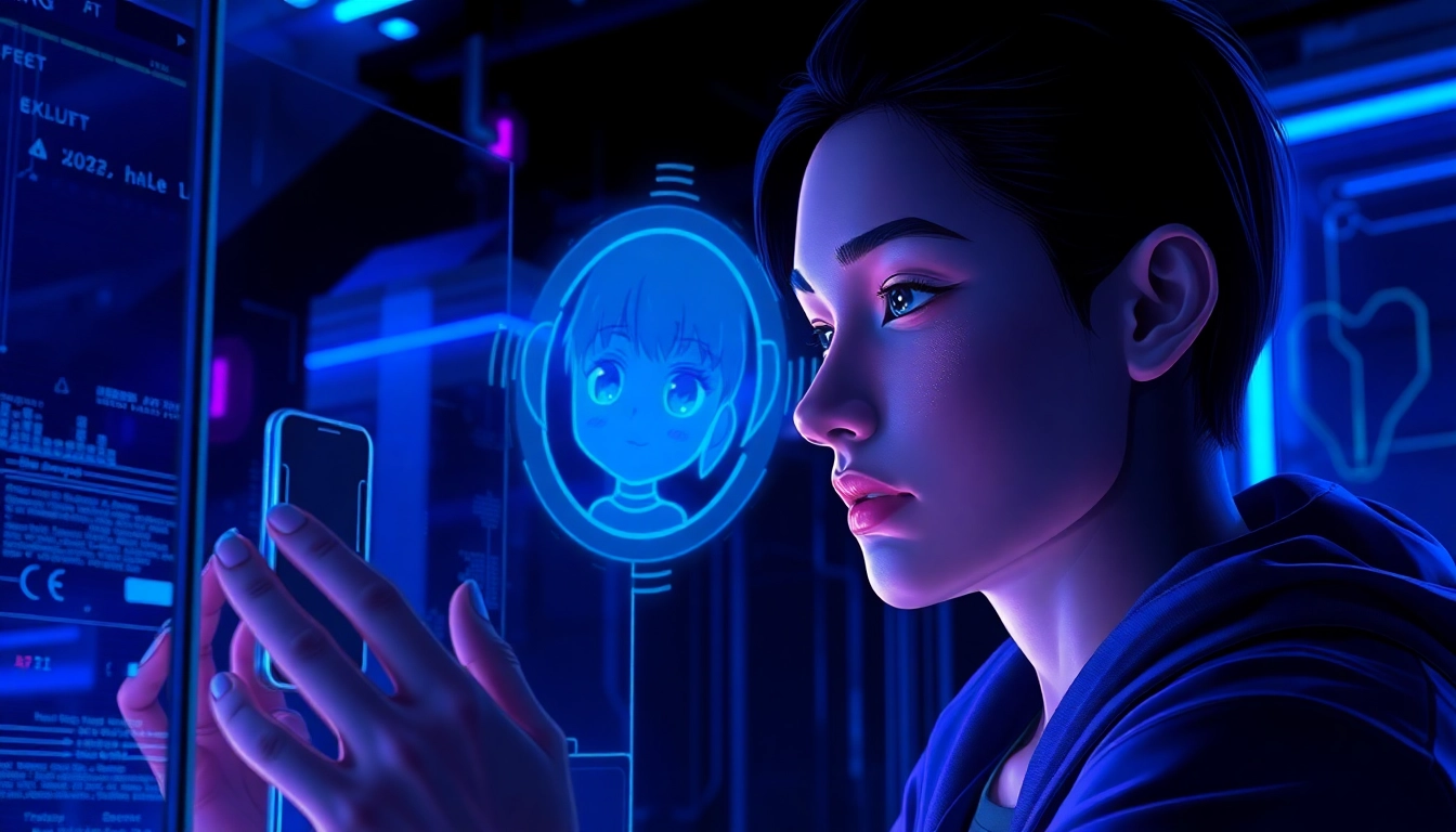 Futuristic scene of a user interacting with a virtual AI companion on a holographic screen with neon lighting.