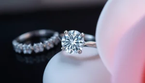 Engagement rings with a lab-grown diamond displayed on a plush velvet cushion, emphasizing brilliance and craftsmanship for an accessible luxury feel.