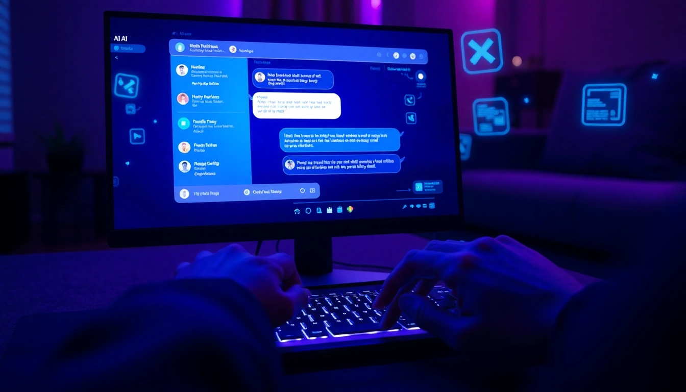 Close-up of a person interacting with a futuristic AI chat platform on a high-tech screen, with glowing interface elements and holographic accents.