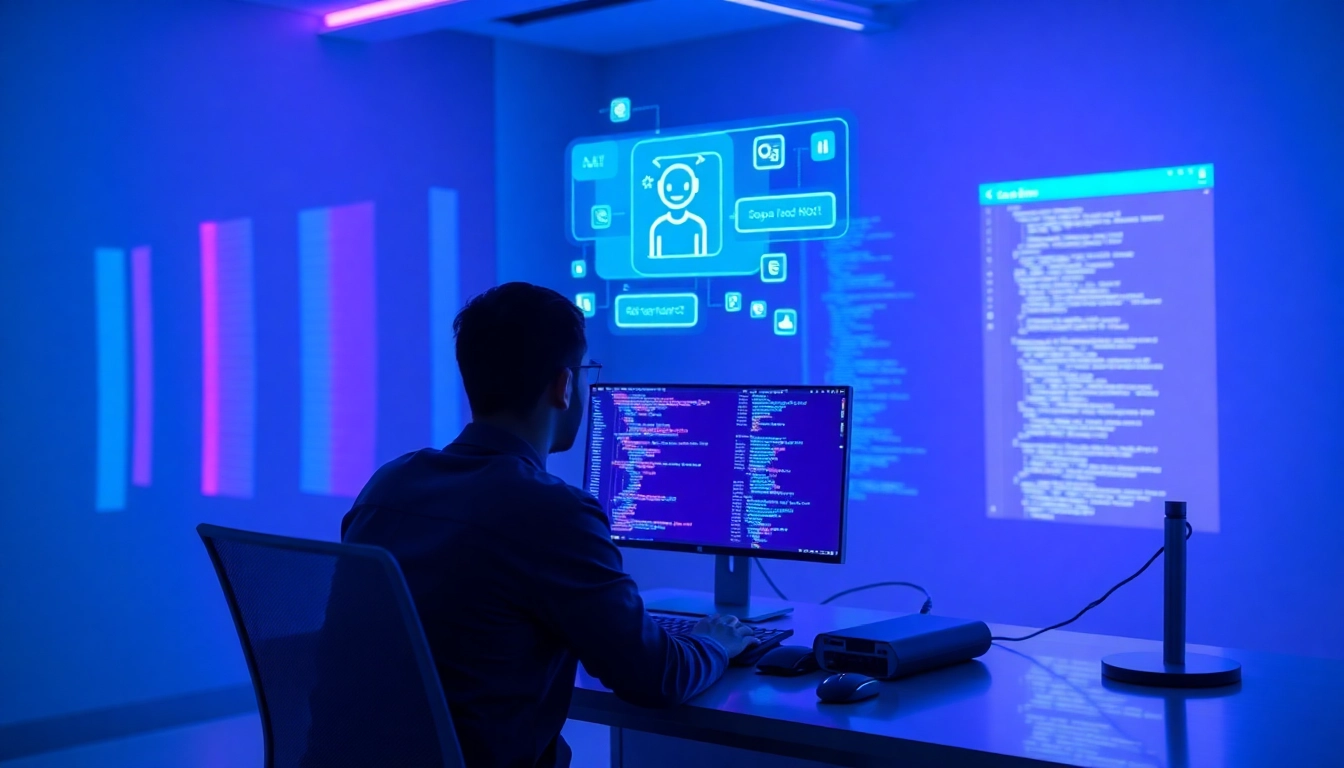 A person interacting with a holographic AI chatbot in a futuristic digital workspace with neon lighting.