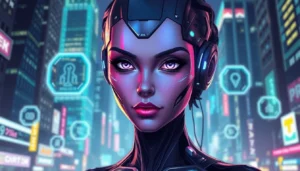 Futuristic AI character in a neon-lit cyberpunk cityscape with holographic interfaces and glowing accents.