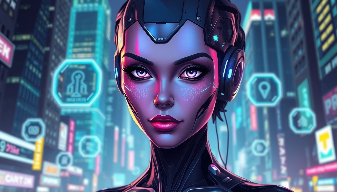 Futuristic AI character in a neon-lit cyberpunk cityscape with holographic interfaces and glowing accents.