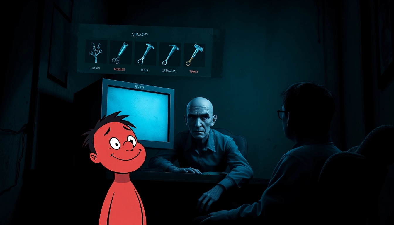A distressed man facing a computer screen with a suffering cartoon character Harvey in a dark, gritty room, highlighting psychological horror themes.