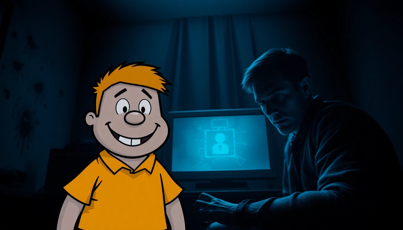 A distressed character facing a cheerful Harvey in a dark, tense room, highlighting moral conflict and psychological horror.