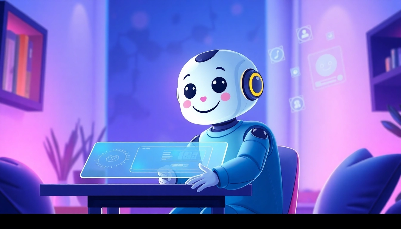 Illustration of a friendly AI chatbot character sitting at a futuristic desk with holographic interface in a cozy, tech-inspired room.