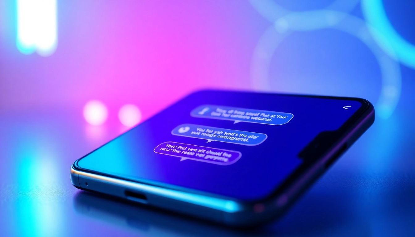 Smartphone displaying chatbot conversation with glowing text bubbles in a neon-lit digital environment.