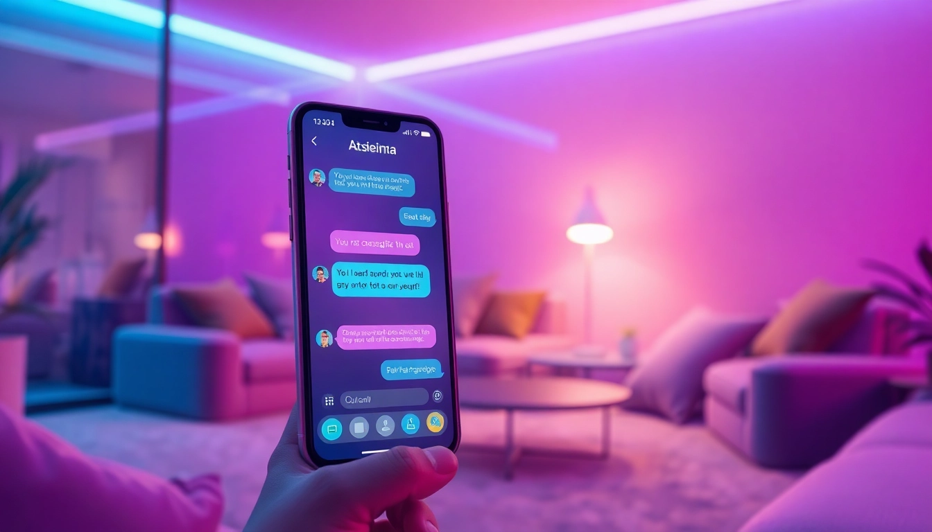 A futuristic chat room scene with a smartphone displaying an AI conversation in a cozy, neon-lit environment.