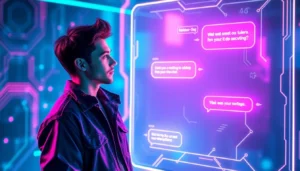 A futuristic digital scene showing a male avatar engaging in an NSFW chat on a holographic interface with vibrant neon lighting.