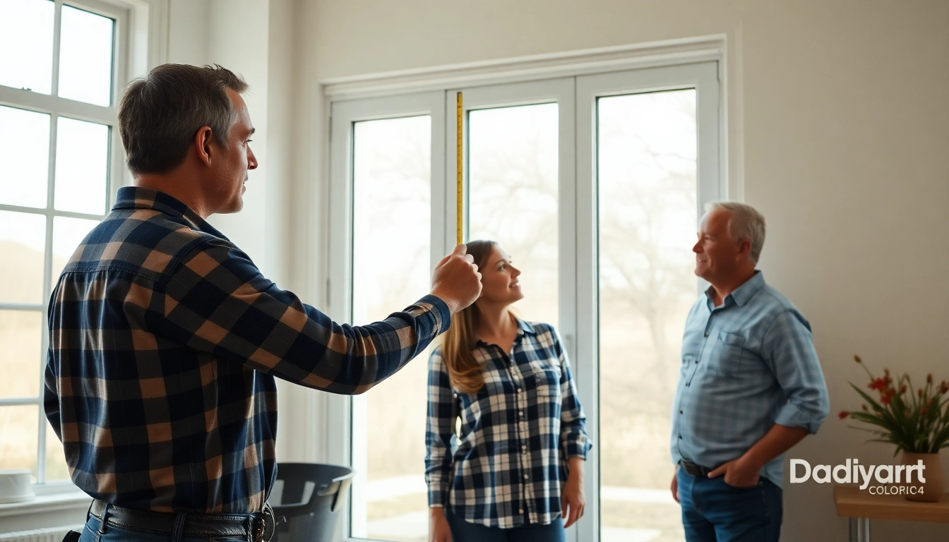 Window contractors near me: Pro evaluating a new window with homeowner in a bright showroom.