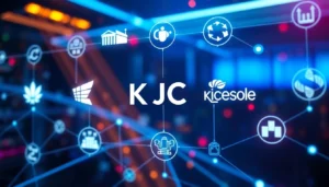 Hình ảnh biểu tượng liên minh quốc tế KJC với logo kết nối toàn cầu và công nghệ tiên tiến, tượng trưng cho sự hợp tác và sáng tạo quốc tế.