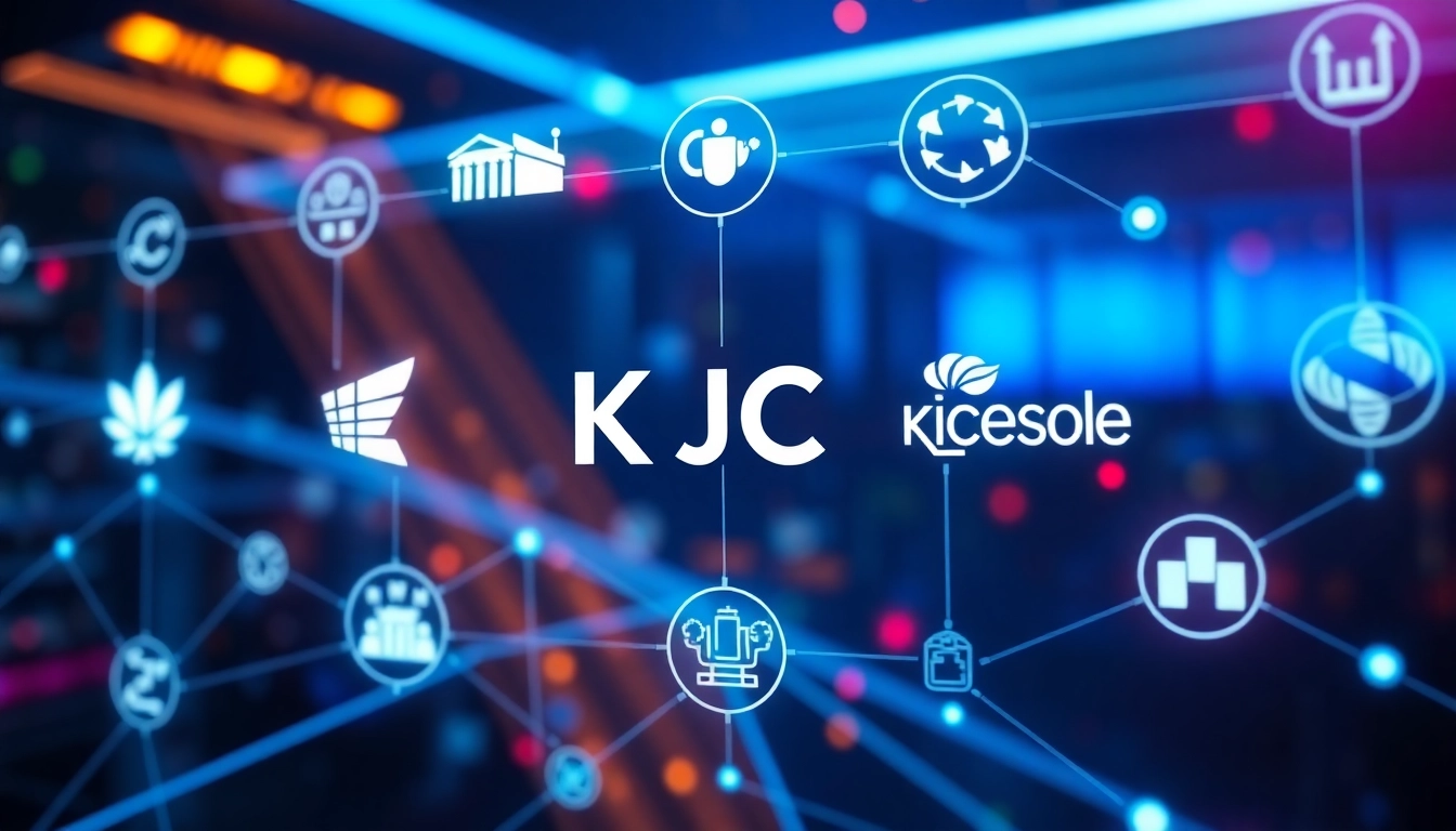 Hình ảnh biểu tượng liên minh quốc tế KJC với logo kết nối toàn cầu và công nghệ tiên tiến, tượng trưng cho sự hợp tác và sáng tạo quốc tế.