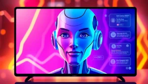 Futuristic AI chatbot interface featuring a charismatic character with glowing accents and a tech-inspired background.