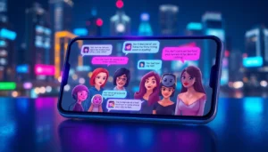 Futuristic chat interface with AI characters engaging in lively conversations on a smartphone screen at night.