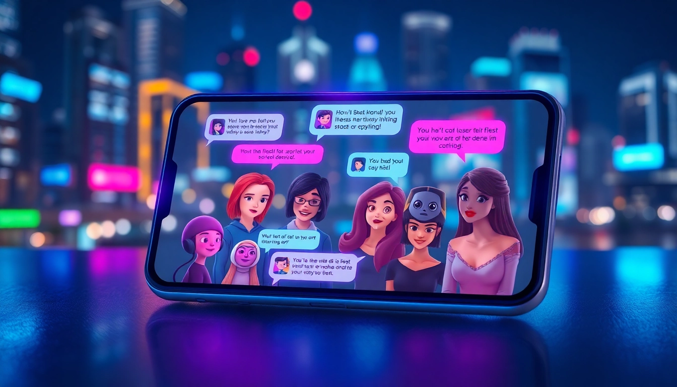 Futuristic chat interface with AI characters engaging in lively conversations on a smartphone screen at night.