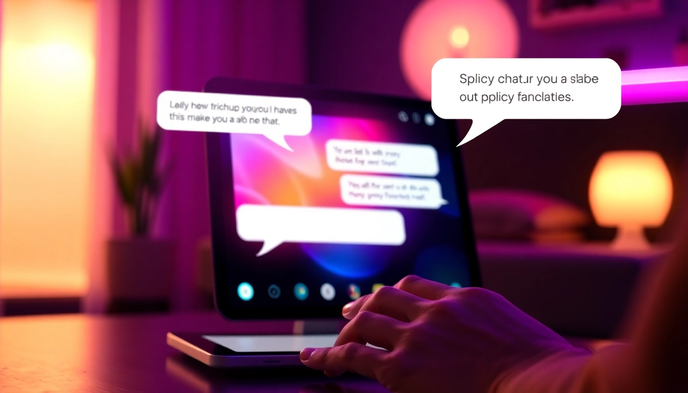 Close-up of a person interacting with a colorful chat interface on a smartphone, with a cozy, neon-lit background suggesting intimacy and flirtation.