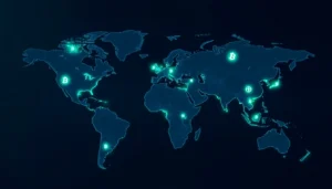 Illustration of global crypto regulation showing blockchain icons across world map for