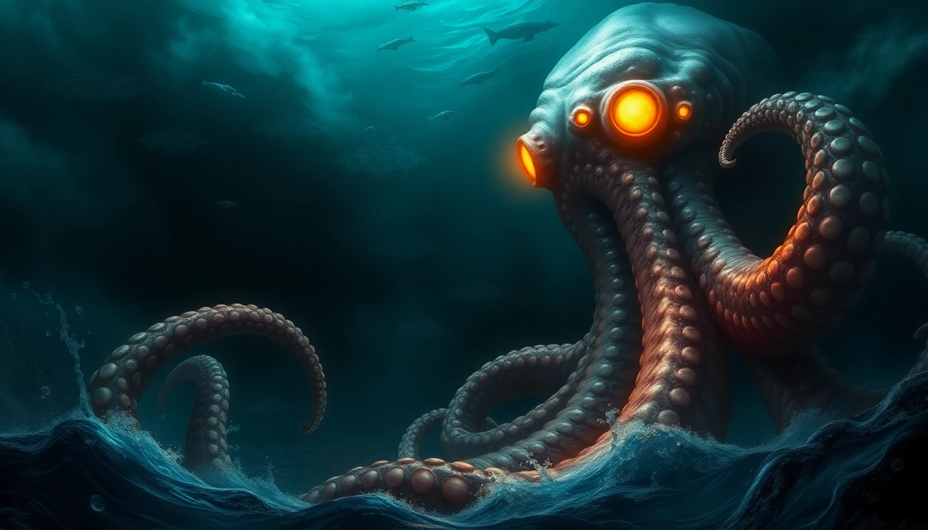 Detailed illustration of a kraken showing a massive sea monster with glowing eyes attacking a