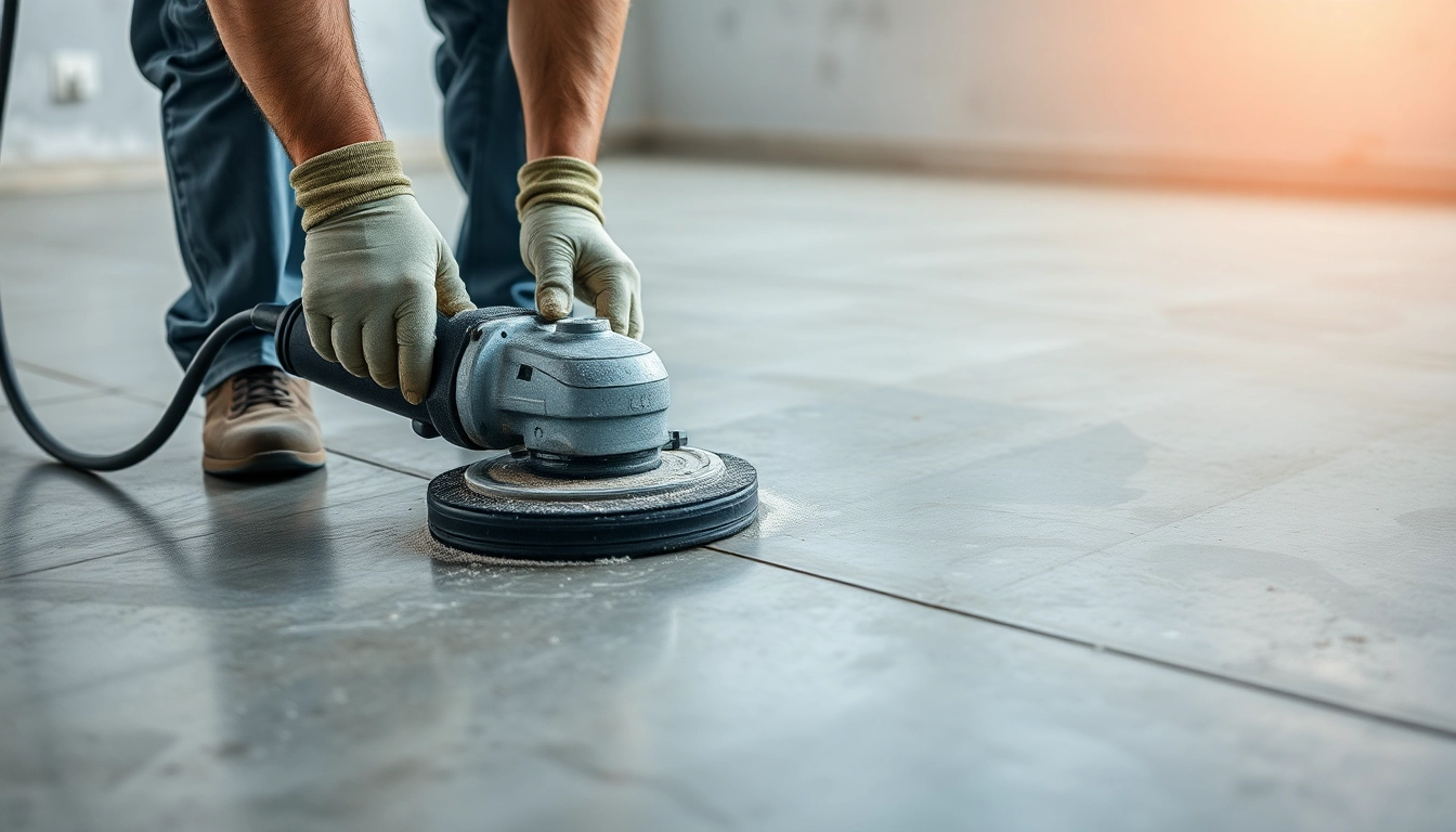 Professional floor preparation Birmingham with level concrete surface and grinding tools in